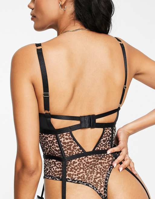 ASOS DESIGN Fuller Bust Lilah mesh underwired body with cut-outs & suspender straps in animal, 4 of 4