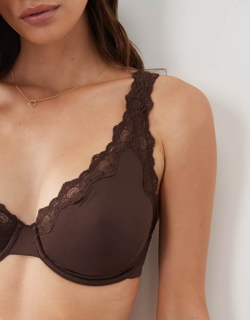 ASOS DESIGN Fuller Bust Lilah micro built up underwire bra with lace trim in chocolate, 3 of 4