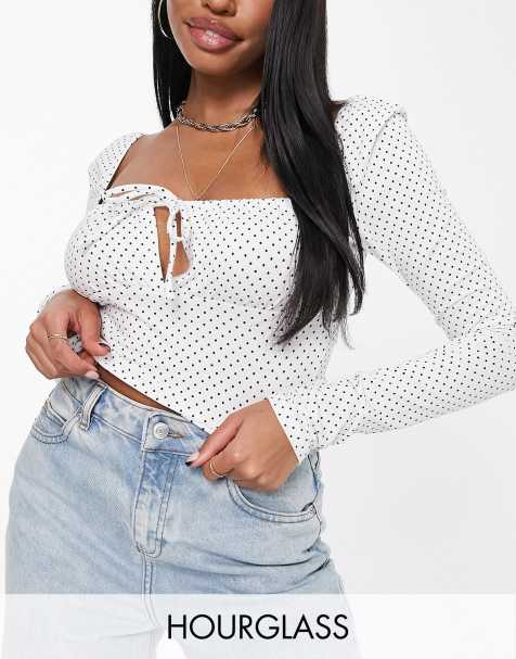 ASOS DESIGN Fuller Bust long sleeve square neck tie detail top in polka dot
