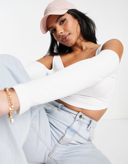 ASOS Crop Top With Long Sleeves And Deep Plunge in White
