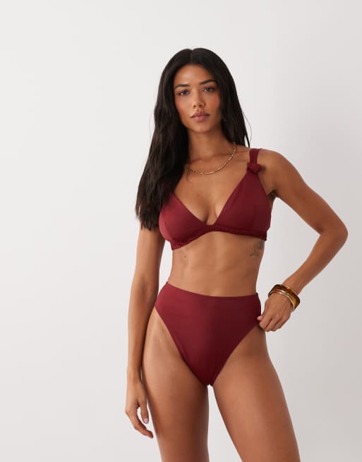 ASOS DESIGN Fuller Bust Martina faux knot high apex triangle bikini top in burgundy, 3 of 4