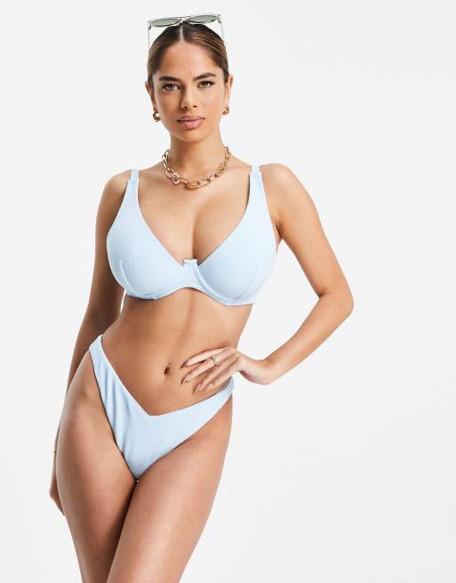 ASOS DESIGN Fuller Bust – Mieszaj i łącz – Jasnoniebieski top od bikini z materiału frotté z ozdobnym przodem i fiszbinami 