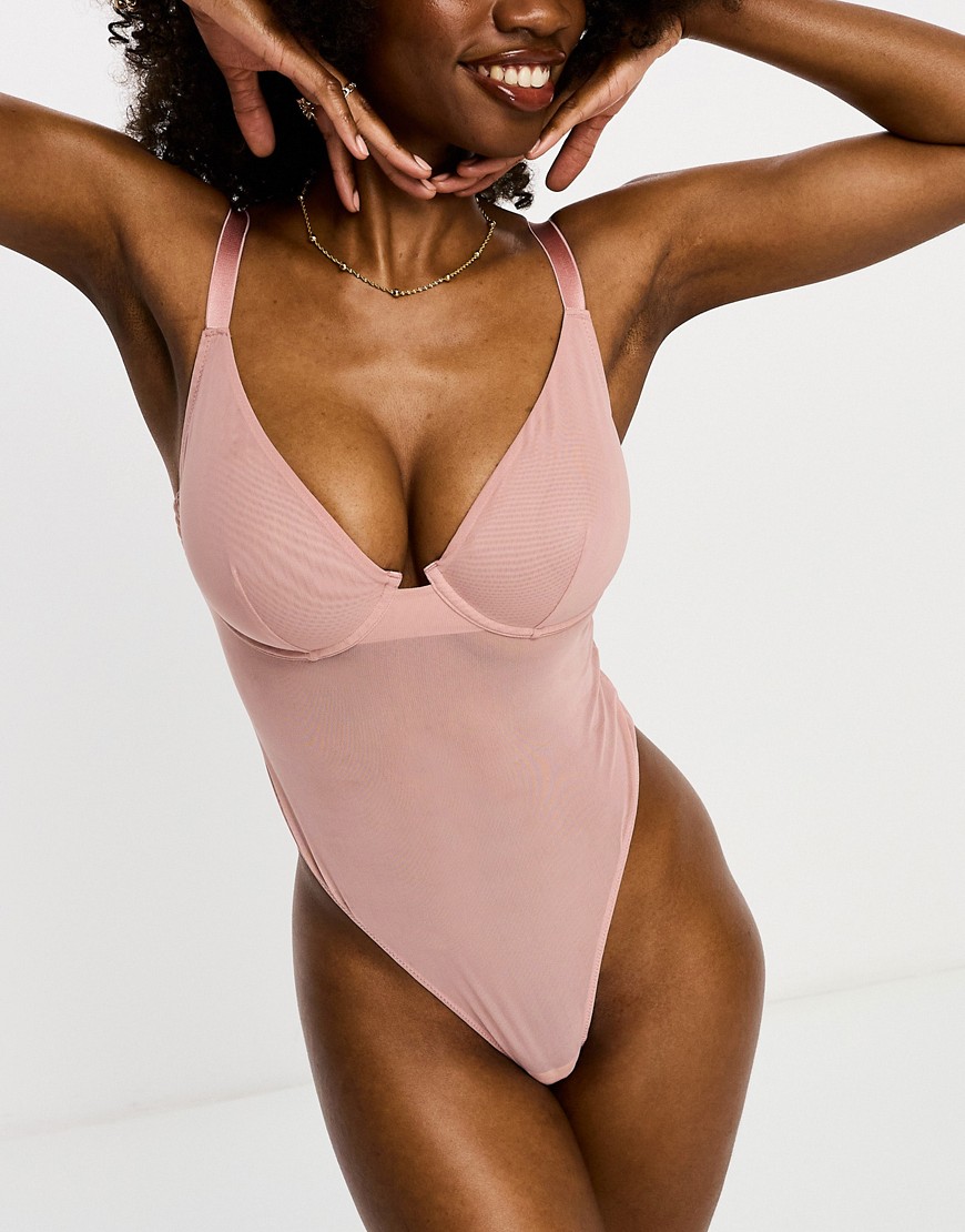Asos Design Fuller Bust Mila Mesh Smoothing Underwire Bodysuit In Mink-pink