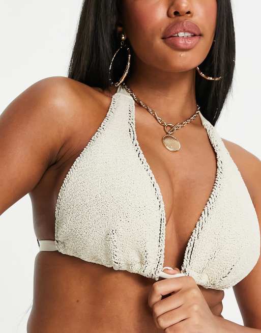 Asos Design Fuller Bust Mix And Match Crinkle Halter Plunge Bikini Top In Natural Tones Asos