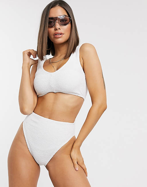 ASOS DESIGN fuller bust mix and match crinkle v front crop bikini top in white