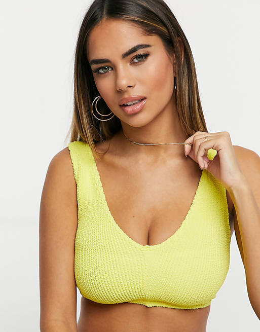 ASOS DESIGN fuller bust mix and match crinkle v front crop bikini top in yellow dd-f