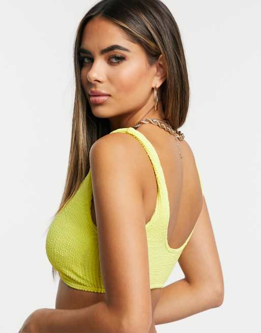 ASOS DESIGN fuller bust mix and match crinkle v front crop bikini top in yellow dd-f, 2 of 4
