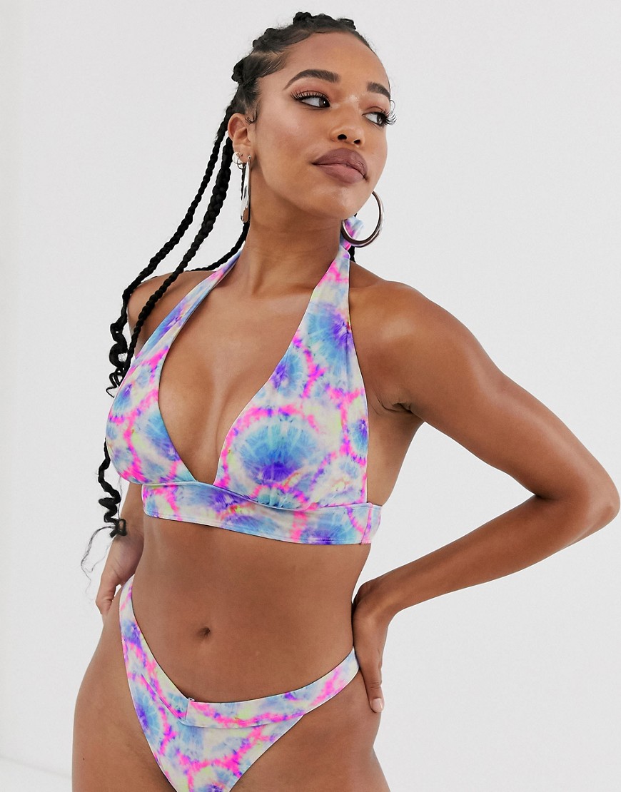 ASOS DESIGN fuller bust mix and match halter plunge bikini top in neon tie dye dd-f-Multi