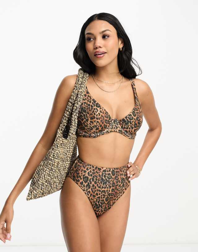 ASOS DESIGN fuller bust mix and match rib step front underwired bikini top in leopard print