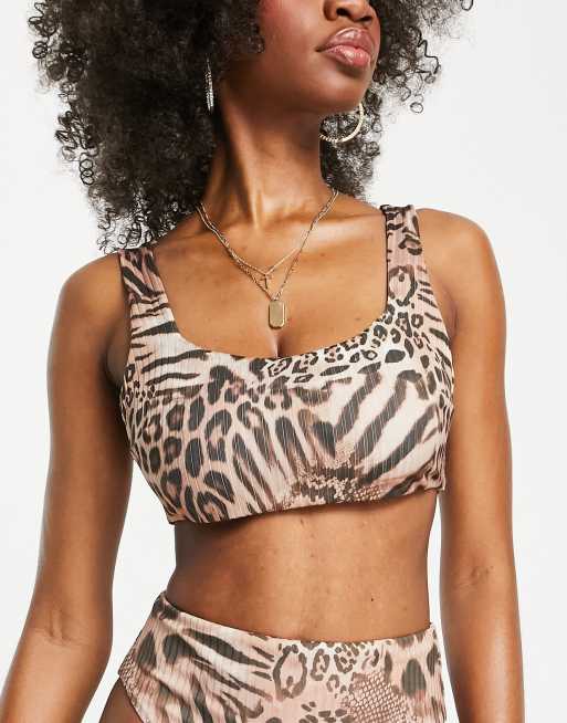 ASOS DESIGN Fuller Bust plunge rib swimsuit with lace up side detail in  leopard animal print