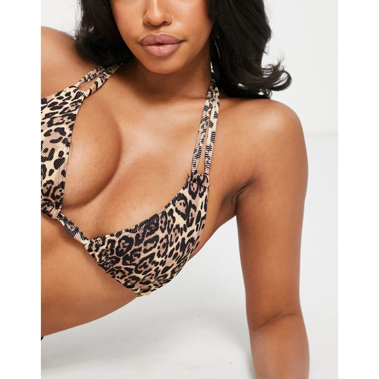 ASOS DESIGN fuller bust mix and match rib triangle bikini top in leopard  print