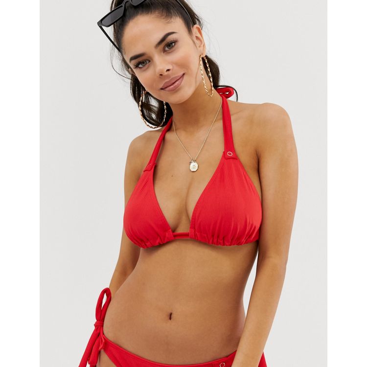 Asos fuller bust supportive Triangle bikini top with hook and eye Red {N75}