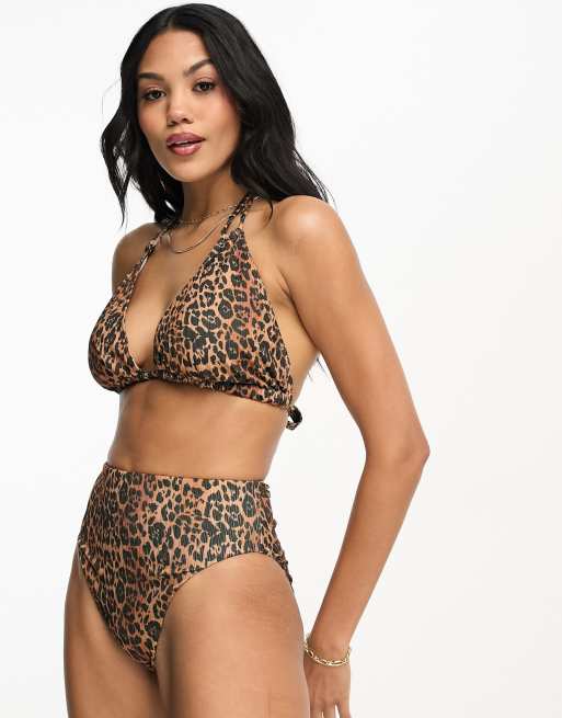 ASOS DESIGN - Fuller Bust - Mix and Match - Ribstrikket bikinitop i trekantsstil med leopardprint, 2 af 4
