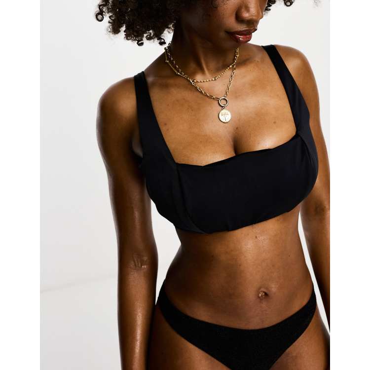 ASOS Top With Wrap Front And Plunge Neckline In Baby Rib in Black