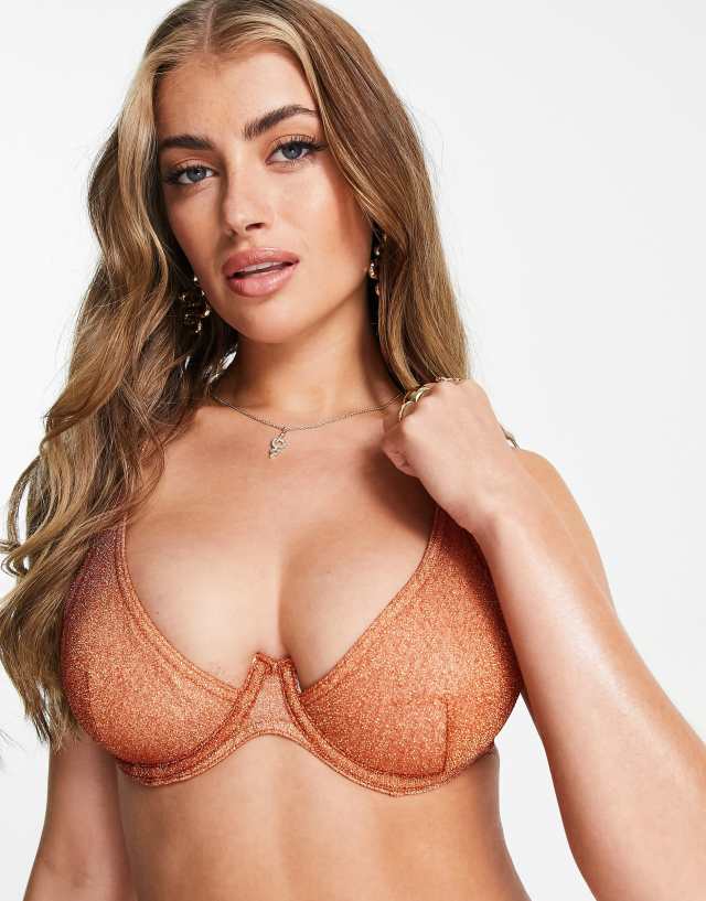 ASOS DESIGN - fuller bust mix and match step front underwired bikini top in rust glitter dd-g