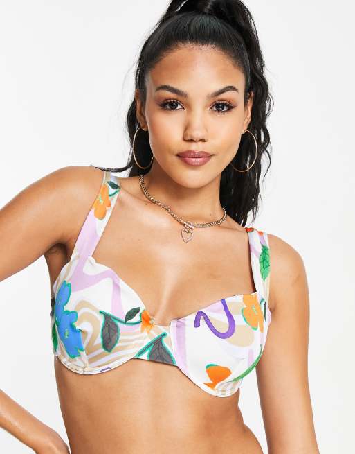 ASOS DESIGN Fuller Bust mix and match halter monowire bikini top in mono  spot print