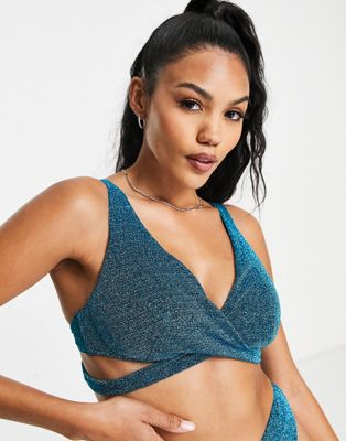 ASOS DESIGN Fuller Bust mix and match underwired wrap bikini top in blue glitter