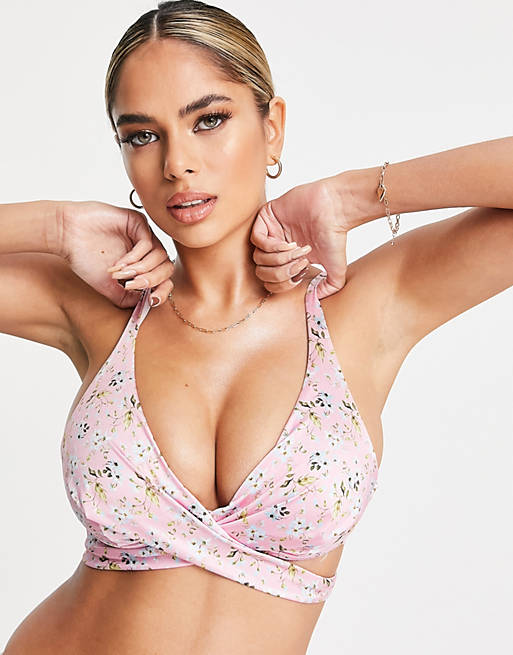  fuller bust mix and match underwired wrap bikini top in mixed floral print 