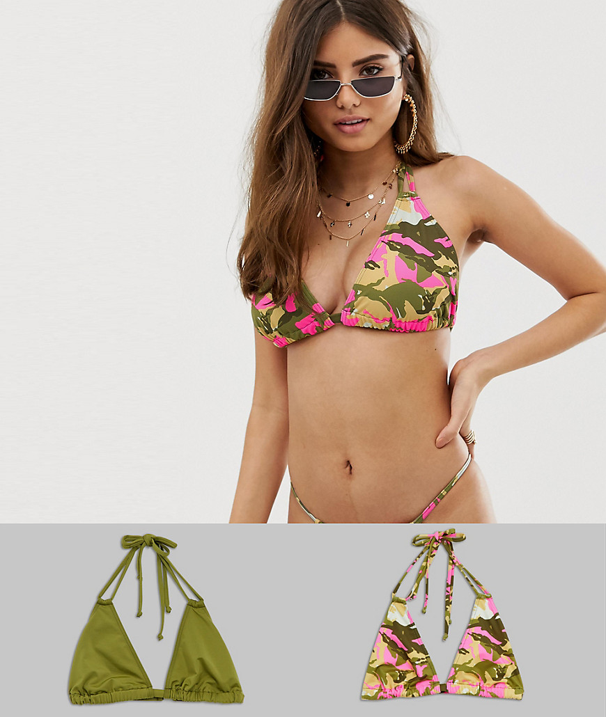 ASOS DESIGN fuller bust multi pack triangle bikini top in khaki and pink camo print dd-g