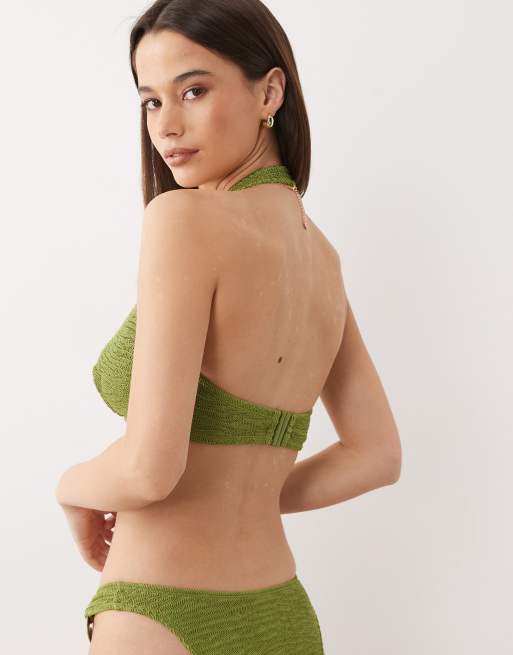 ASOS DESIGN Fuller Bust Oceana halter bikini top with molten hardware detail in green, 2 of 4