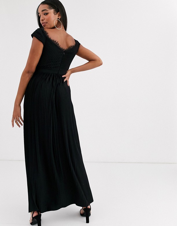 ASOS DESIGN Fuller Bust – Plisowana sukienka maxi z koronką z dkeoltem bardot Czarny Dla Nicei 