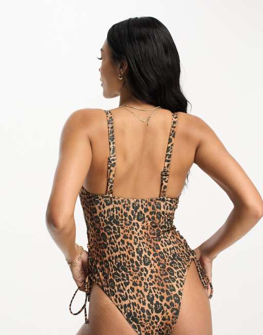 Missguided plunge high leg swimsuit in leopard print