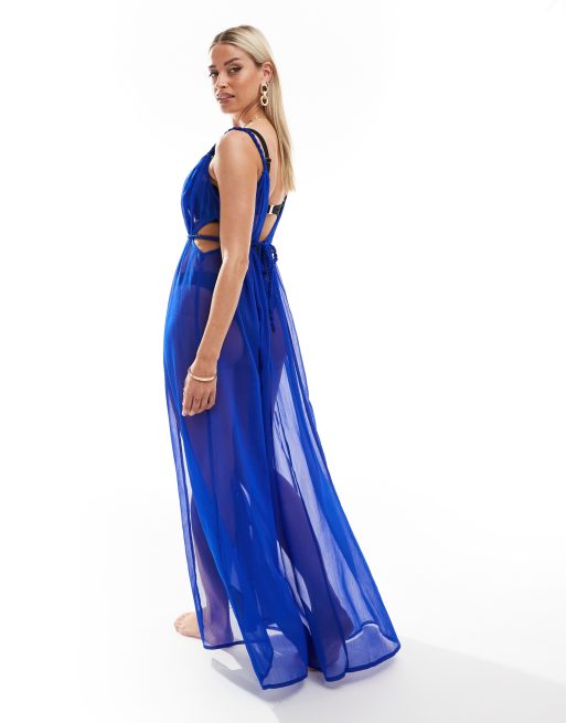 ASOS DESIGN Fuller bust plunge sheer maxi beach dress in with rope detail in cobalt blue, 3 of 4