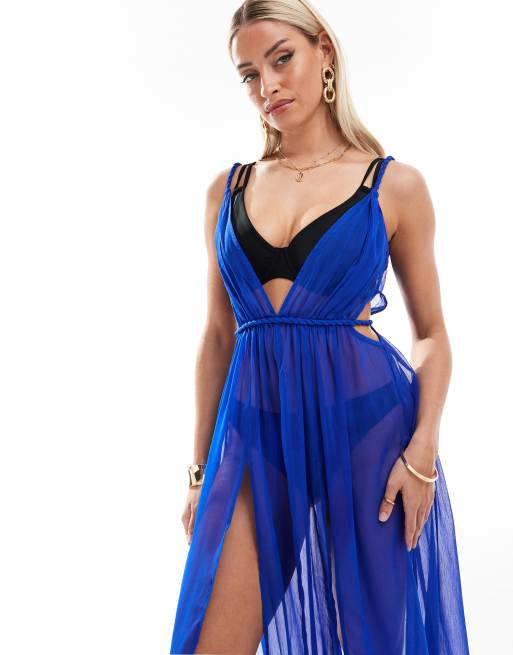 ASOS DESIGN Fuller bust plunge sheer maxi beach dress in with rope detail in cobalt blue, 4 of 4