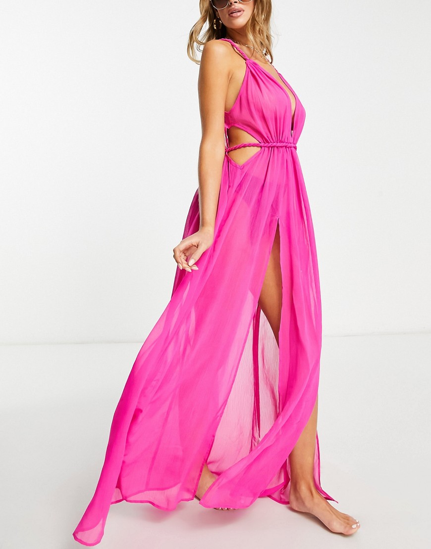 ASOS DESIGN Fuller bust plunge sheer maxi beach dress in with rope detail in hot pink