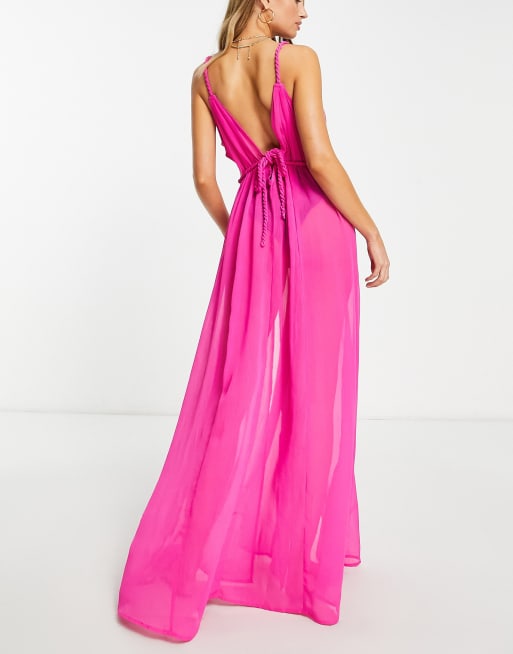 ASOS DESIGN Fuller bust plunge sheer maxi beach dress in with rope detail  in hot pink | ASOS
