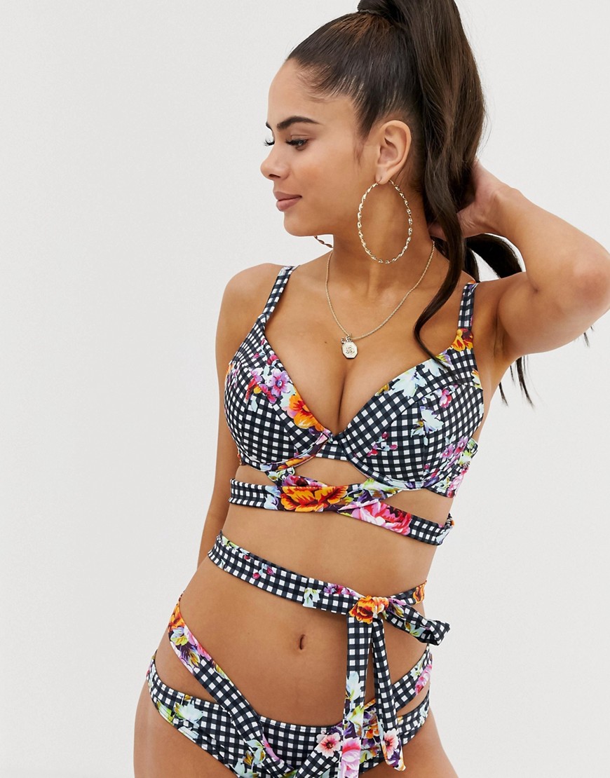 ASOS DESIGN fuller bust plunge wrap bikini top in textured floral gingham print dd-g-Multi