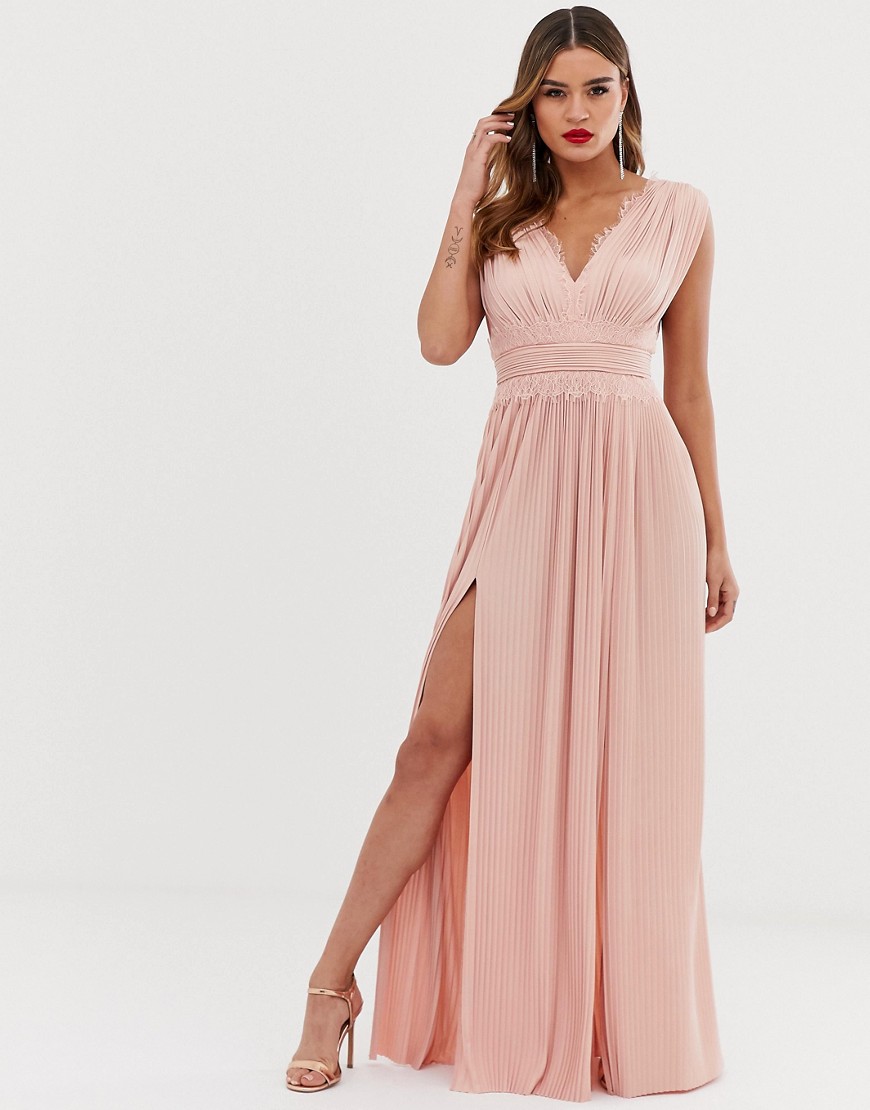 ASOS DESIGN Fuller Bust premium lace insert pleated maxi dress-Pink