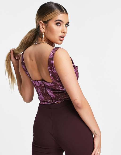 ASOS DESIGN Fuller Bust printed corset top in pink and burgundy floral, 2 of 4