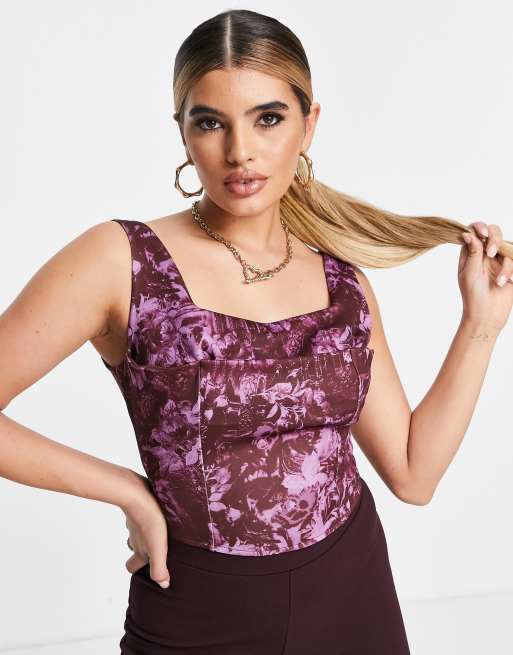 ASOS DESIGN Fuller Bust printed corset top in pink and burgundy floral, 3 of 4