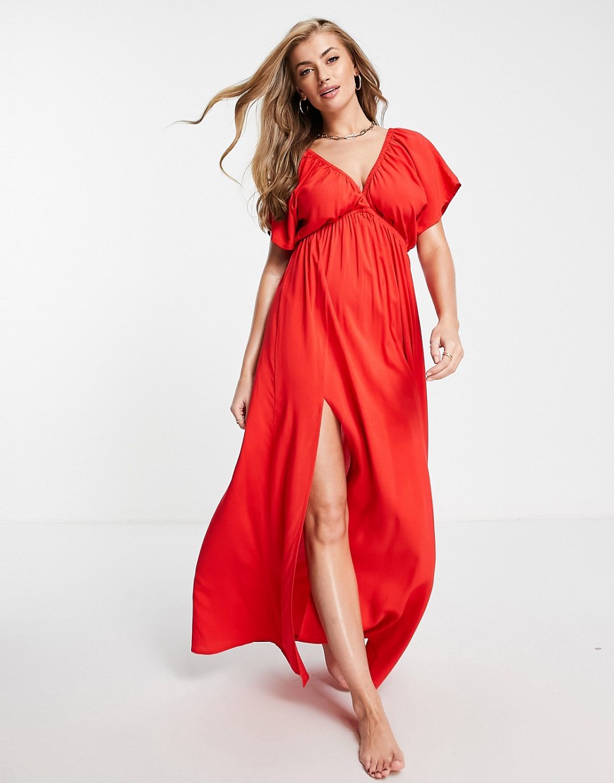 ASOS DESIGN Fuller Bust recycled flutter sleeve maxi beach dress in red