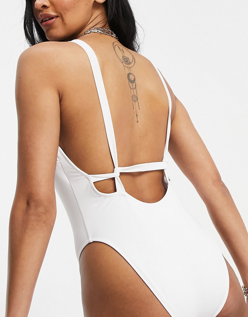 ASOS DESIGN FULLER BUST SUPPORTIVE TWIST STRAPPY LOW BACK SWIMSUIT IN WHITE,STRAPPYLOWSSWHFB