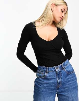 Asos Design Rib Bodysuit With Bust Seams And Long Sleeve In Black In Black