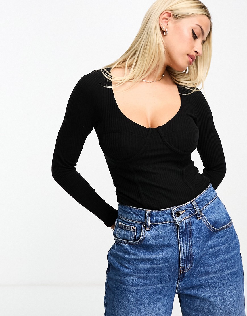 Asos Design Rib Bodysuit With Bust Seams And Long Sleeve In Black