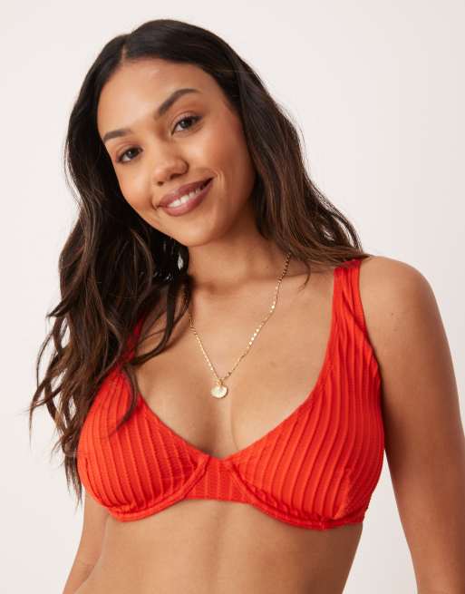 ASOS DESIGN Fuller Bust Riddy rib underwired bikini top in red, 4 of 4