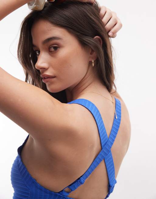 ASOS DESIGN Fuller Bust Rory spliced rib knit v-wire one-piece swimsuit in blue, 2 of 4