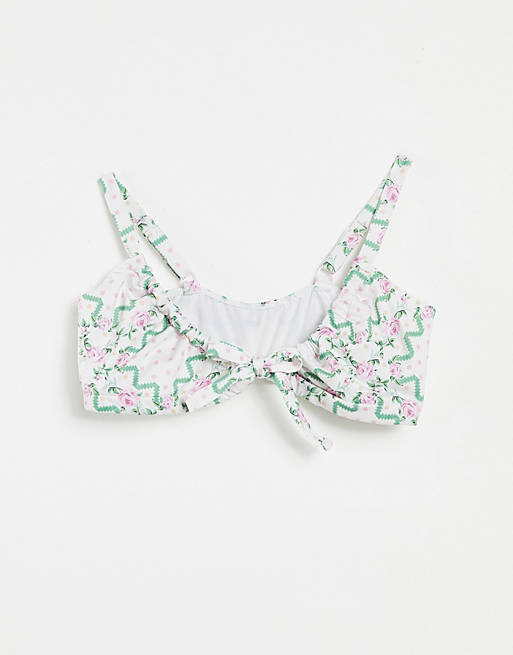ASOS DESIGN fuller bust ruched tie front bikini top in wallpaper floral print
