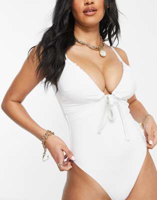 ASOS DESIGN fuller bust ruched tie swimsuit in white