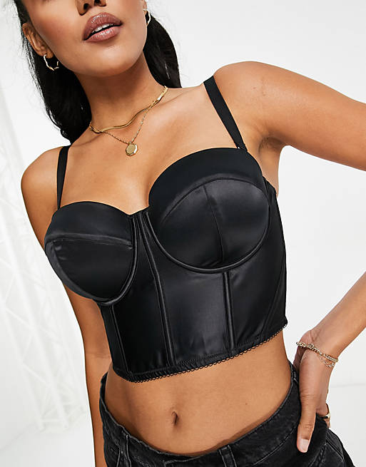 ASOS DESIGN Fuller Bust satin padded underwire corset with detachable  straps in black