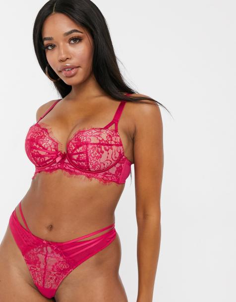 ASOS DESIGN – Fuller Bust – Scarlet – Tief ausgeschnittener, wattierter Bügel-BH mit Trägern und Spitzen-Overlay