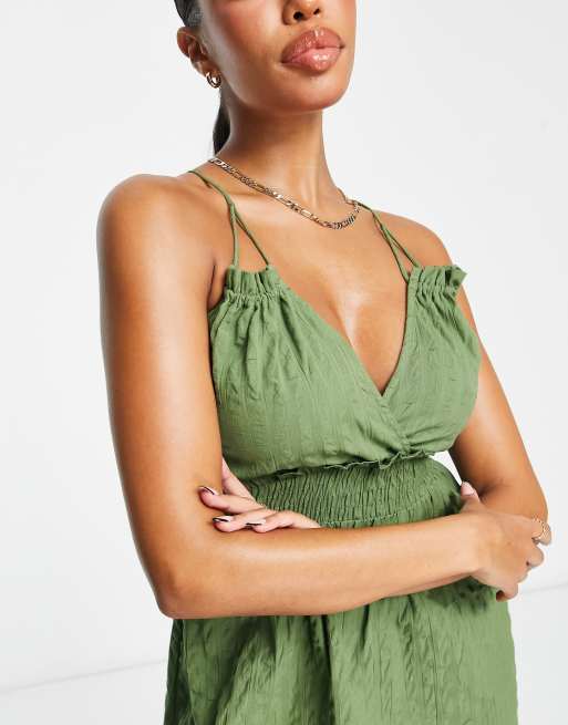 ASOS DESIGN halter cross neck linen look plunge mini beach dress in natural