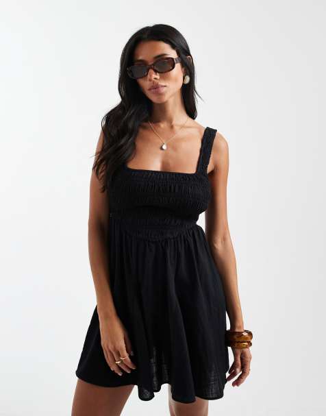 ASOS DESIGN Fuller Bust Selina Beach shirred mini sundress in black