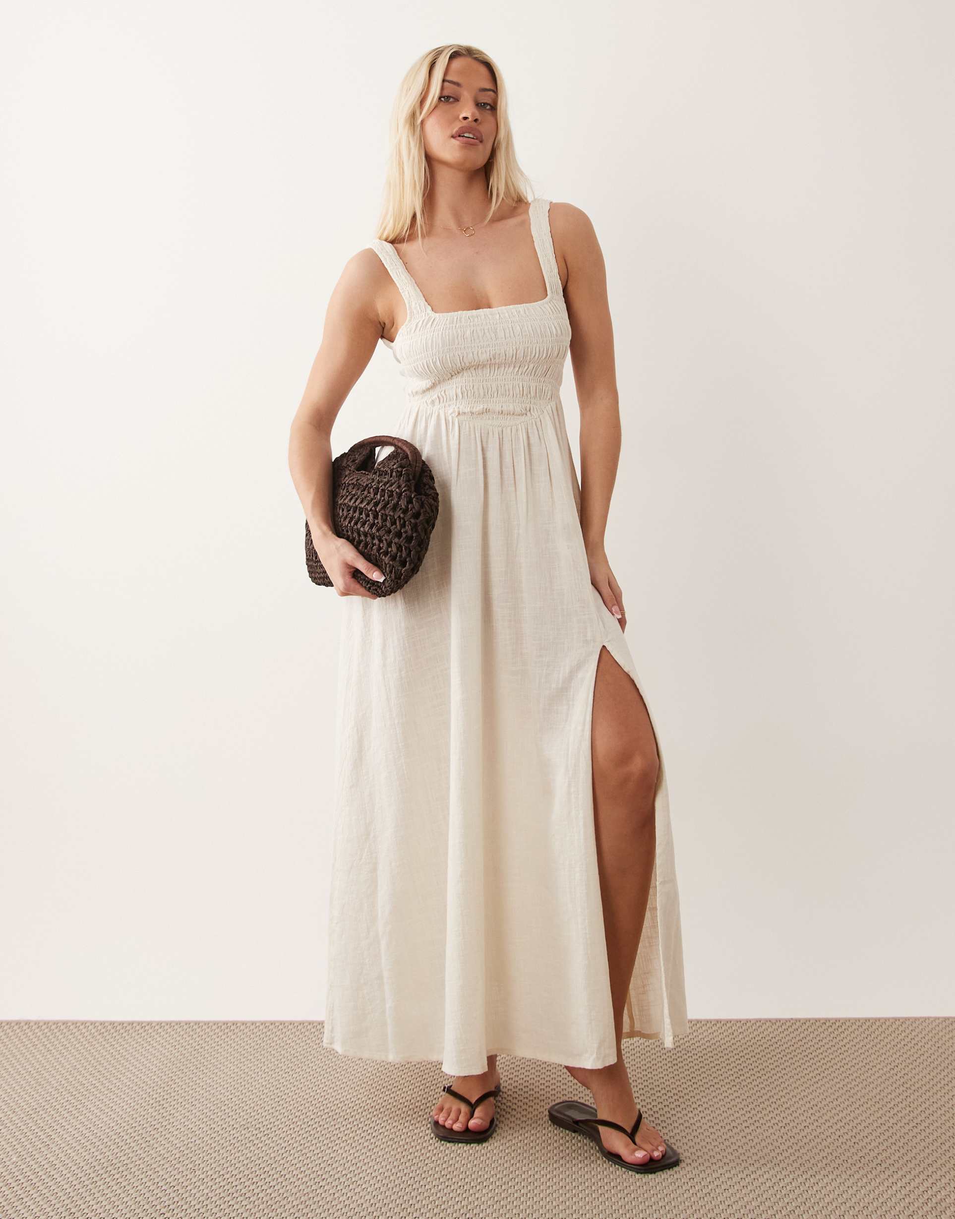 asos design fuller bust selina beach shirred linen look maxi sundress in natural