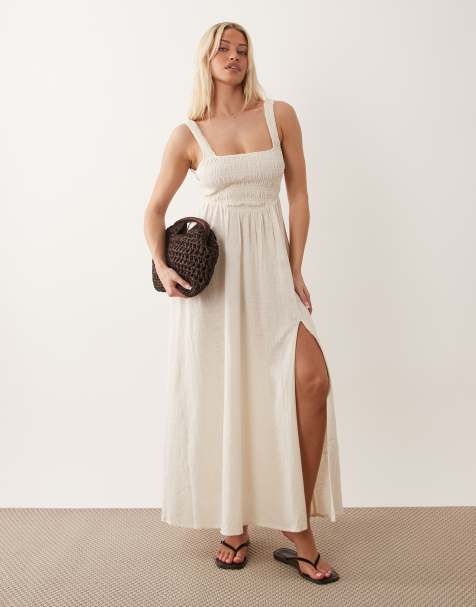 ASOS DESIGN Fuller Bust Selina Beach shirred maxi with linen sundress in natural