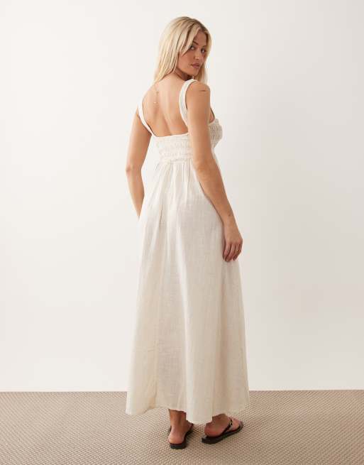 ASOS DESIGN Fuller Bust Selina Beach shirred maxi with linen sundress in natural, 4 of 4