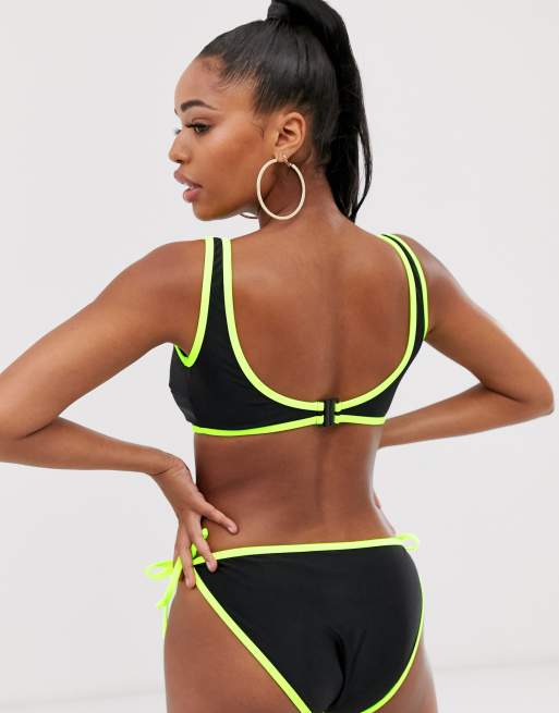 ASOS DESIGN fuller bust sexy glam swimsuit in black and neon yellow dd-g